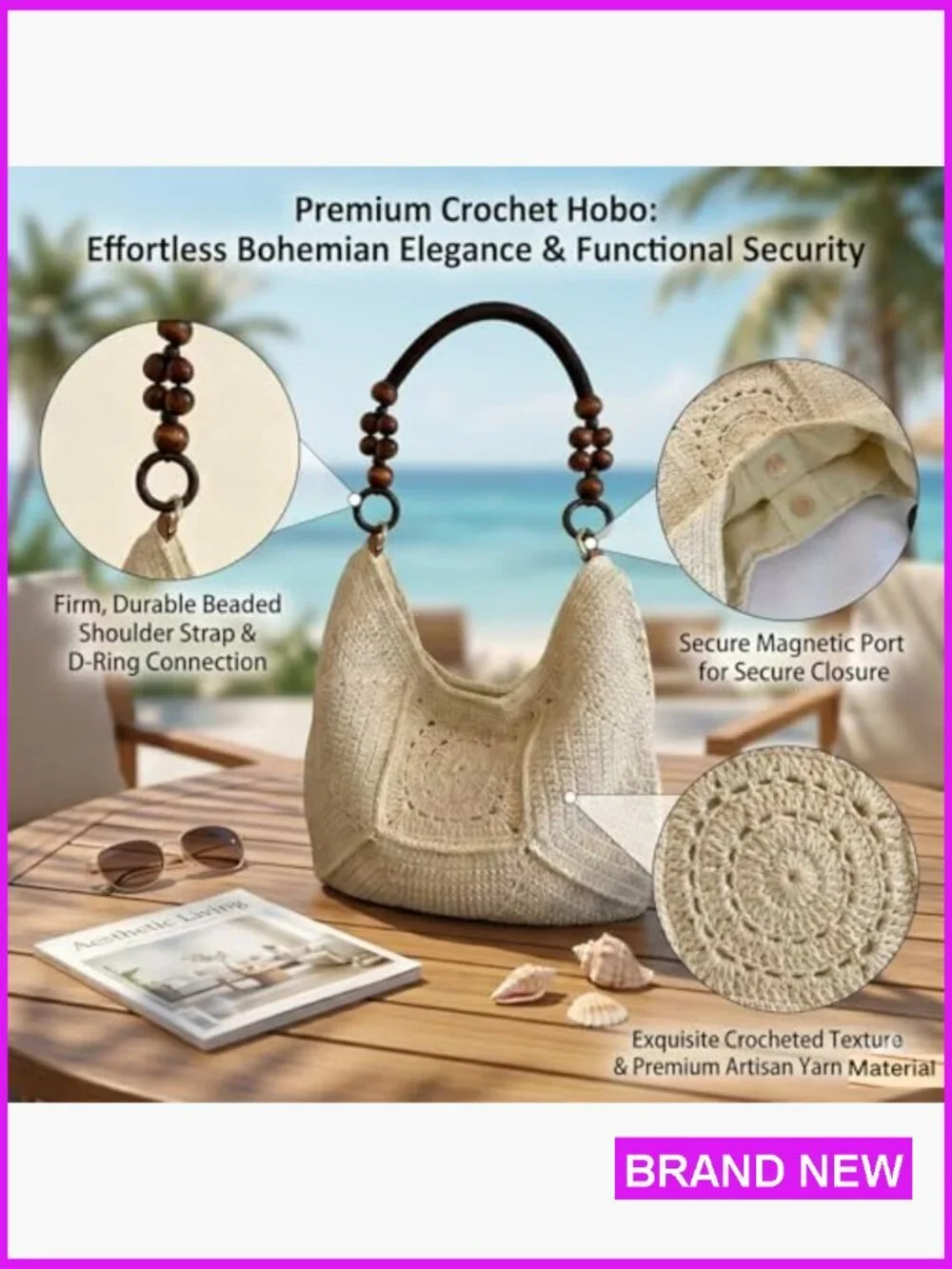 Boho Crochet Tote Bag Lightweight Woven Hobo Fully Lined Summer Beach Vacation